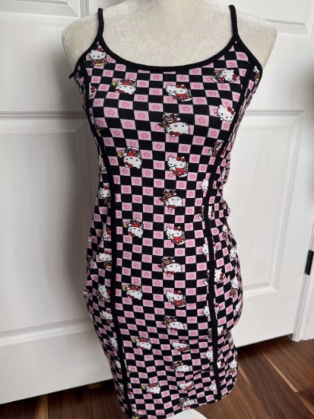 NGOrder Hello Kitty Pink/Blk Checkered Bodycon Mini Dress Sanrio Size 6 NWT!